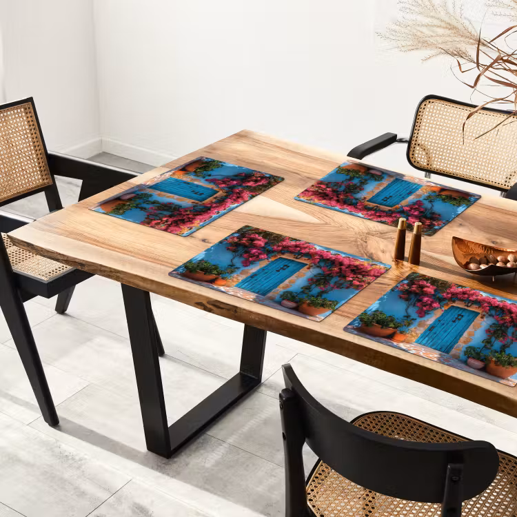 Placemat - 6 stuks - Deur - Hout - Bloemen - Blauw — 5
