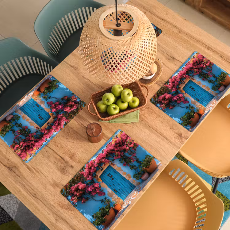 Placemat - 6 stuks - Deur - Hout - Bloemen - Blauw — 6