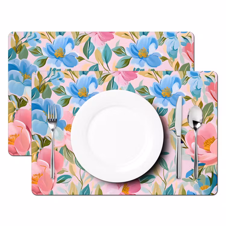 Placemat - 6 stuks - Blauw - Roze - Bloemen — 2