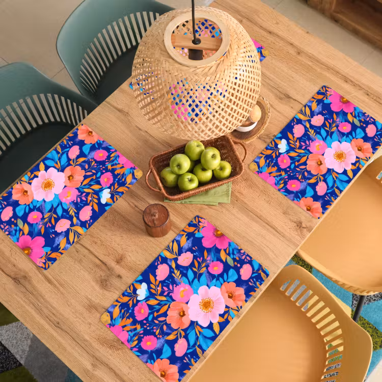 Placemat - 6 stuks - Bloemen - Blauw - Roze — 6