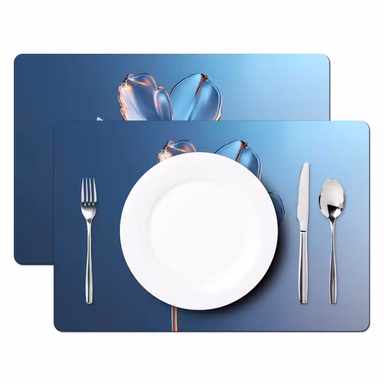 Placemat - 6 stuks - Blauw - Bloem - Glazen - Sierlijk — 2