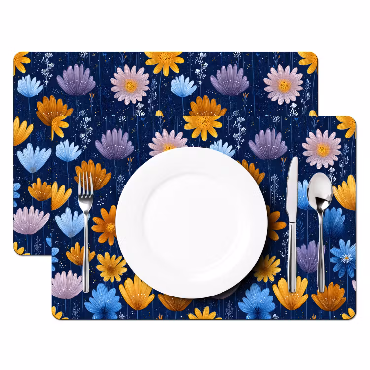 Placemat - 6 stuks - Bloemen - Patroon - Blauw - Contrast — 2