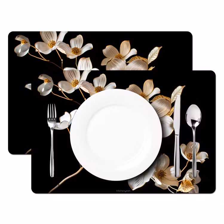 Placemat - 6 stuks - Bloemen - Wit - Goud — 2