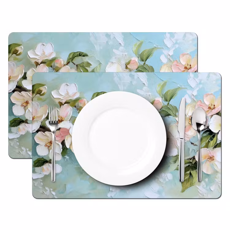Placemat - 6 stuks - Bloesem - Bladeren - Lichtblauw — 2