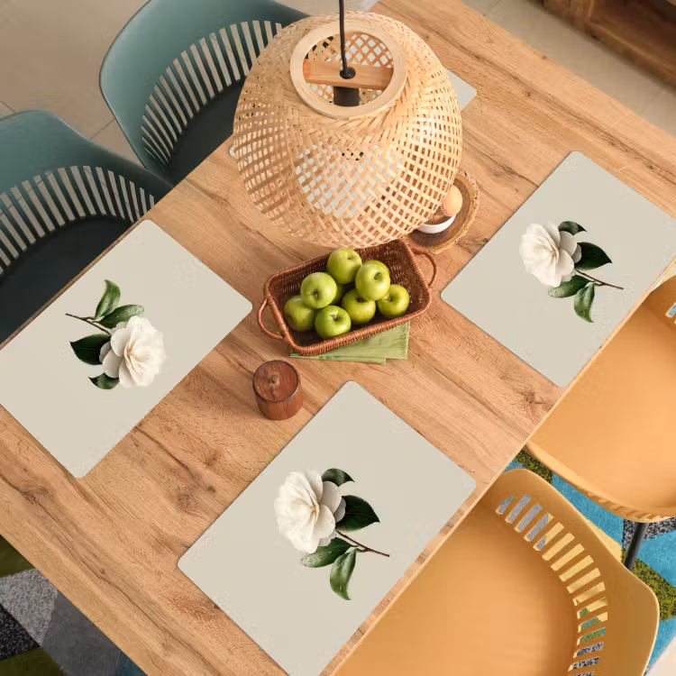 Placemat - 6 stuks - Cameliabloem - Wit - Groen — 6