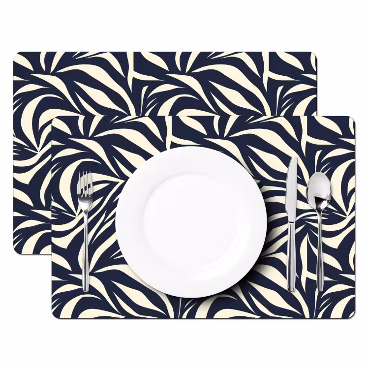 Placemat - 6 stuks - Bladvormen - Blauw - Patroon - Wit — 2