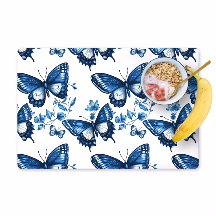 Placemat - 6 stuks - Blauw - Vlinders - Bloemen - Wit — 1