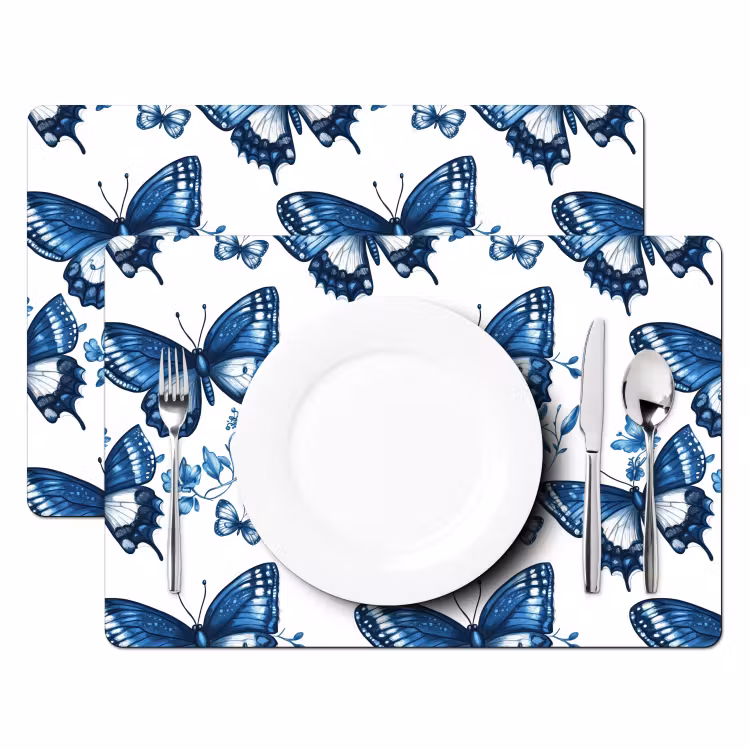 Placemat - 6 stuks - Blauw - Vlinders - Bloemen - Wit — 2
