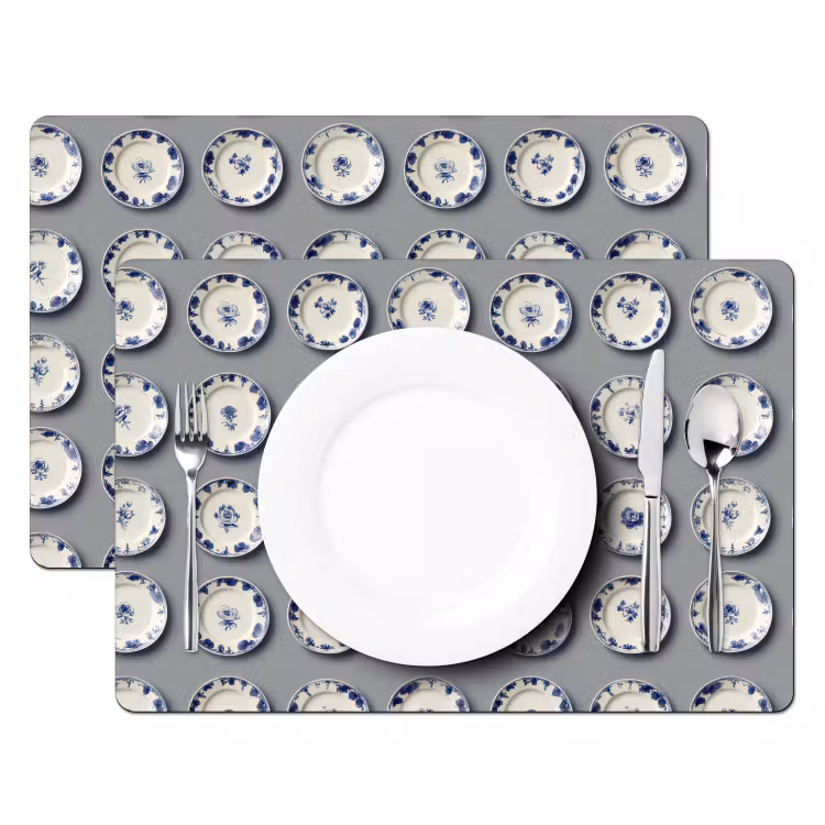 Placemat - 6 stuks - Borden - Bloemen - Blauw - Wit — 2