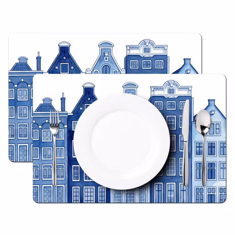 Placemat - 6 stuks - Aquarel - Grachtenpanden - Delfts - Blauw — 2