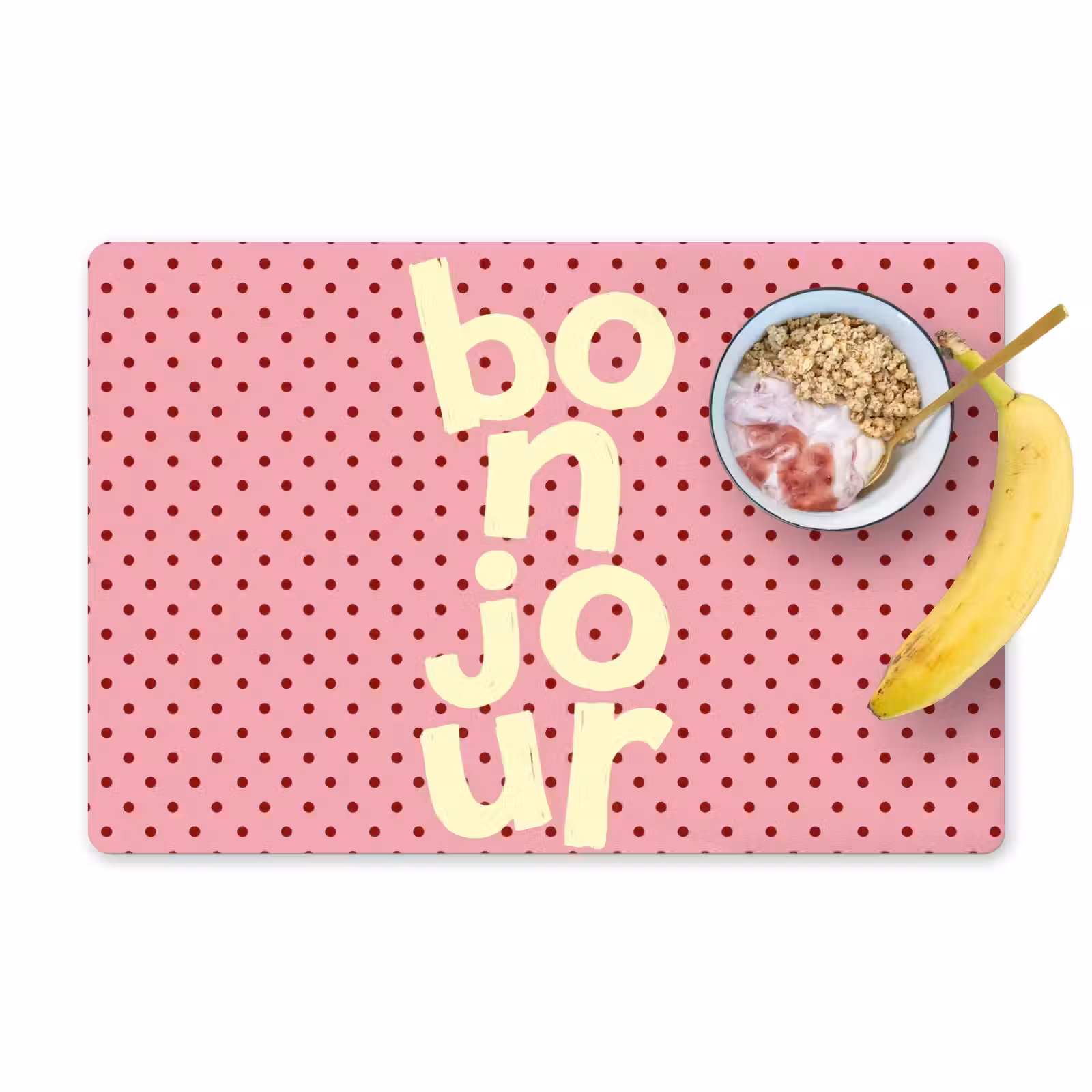 Placemat - 6 stuks - Bonjour - Stippen - Roze- Geel — 1