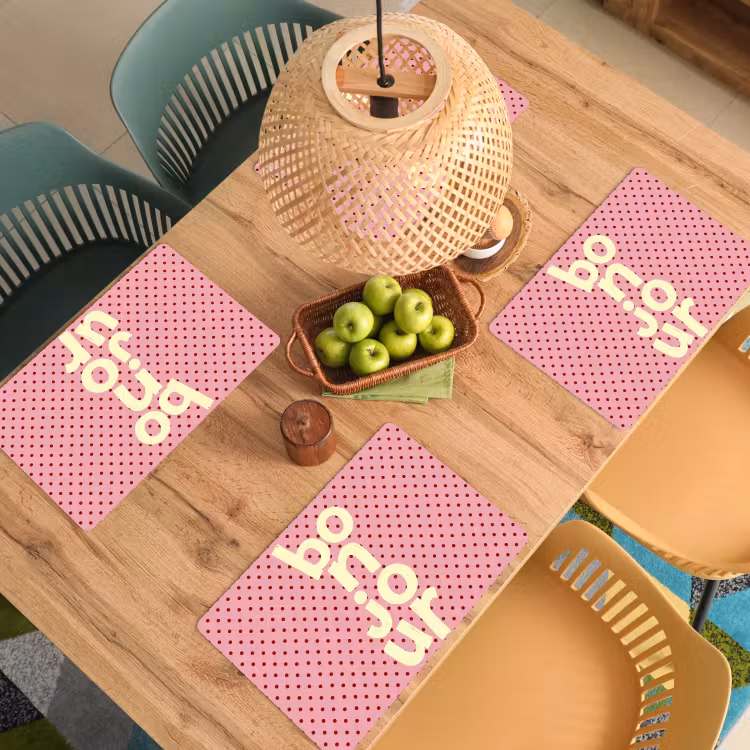 Placemat - 6 stuks - Bonjour - Stippen - Roze- Geel — 6