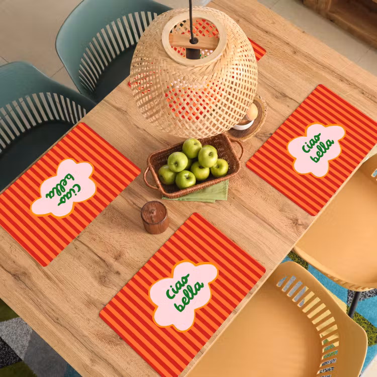 Placemat - 6 stuks - Ciao bella - Tekstwolk - Strepen - Oranje — 6