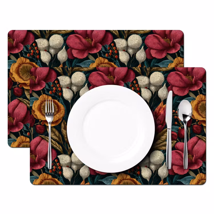 Placemat - 6 stuks - Bloemen - Patroon - Rood - Goud — 2