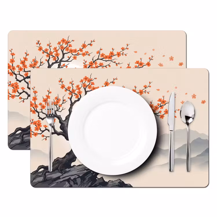 Placemat - 6 stuks - Aziatisch - Bloesem - Rood — 2