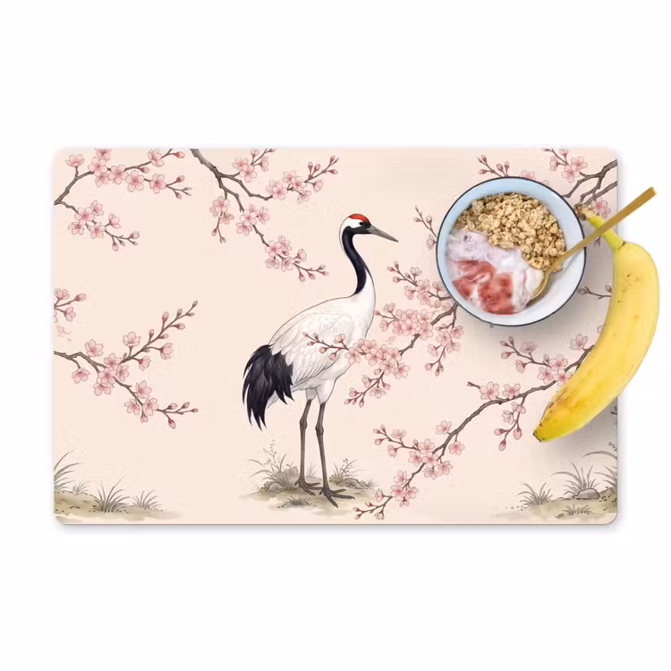 Placemat - 6 stuks - Aziatisch - Kraanvogel - Beige — 1