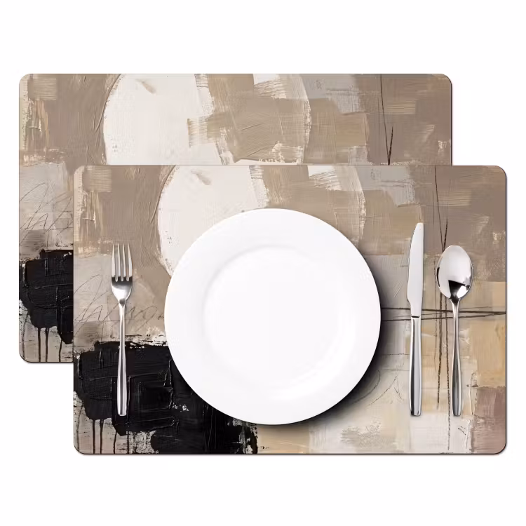 Placemat - 6 stuks - Abstract - Cirkel - Modern - Beige - Zwart - Minimalistisch — 2