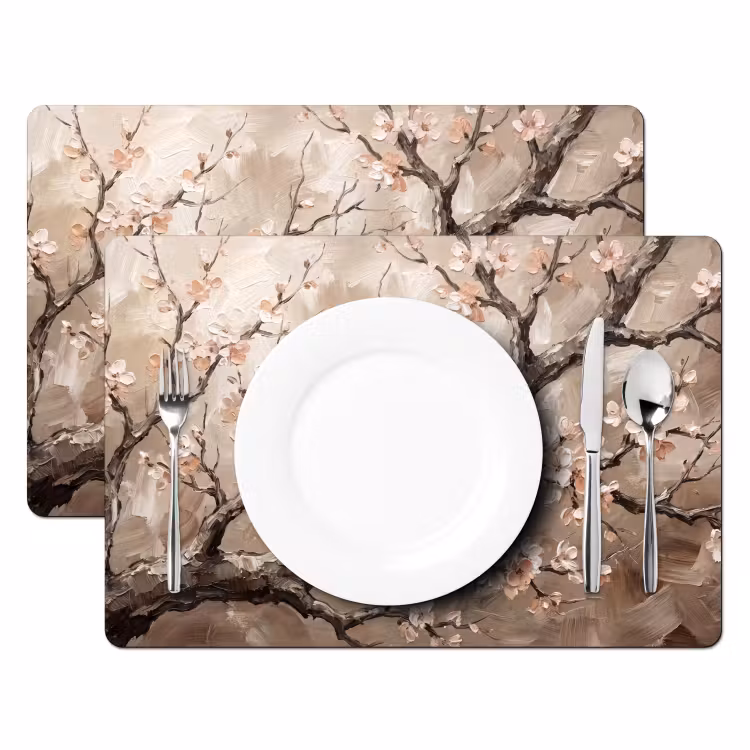 Placemat - 6 stuks - Bloesem - Takken - Schilderij - Beige - Serene — 2