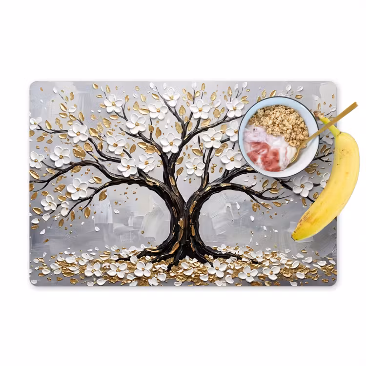 Placemat - 6 stuks - Boom - Bloemen - Natuur - Abstract - Wit — 1