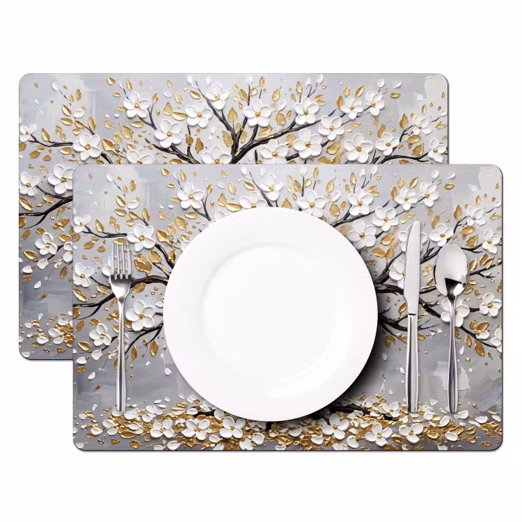 Placemat - 6 stuks - Boom - Bloemen - Natuur - Abstract - Wit — 2