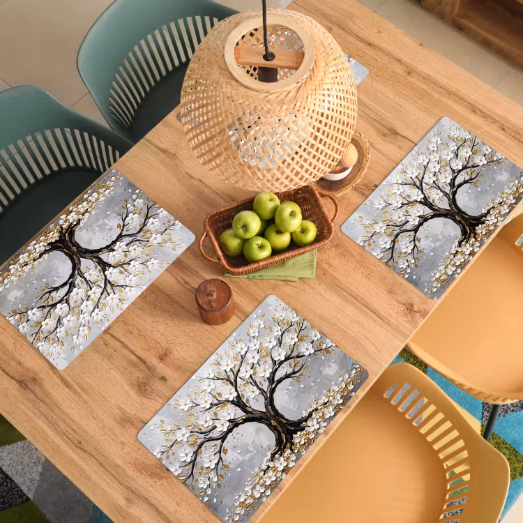 Placemat - 6 stuks - Boom - Bloemen - Natuur - Abstract - Wit — 6