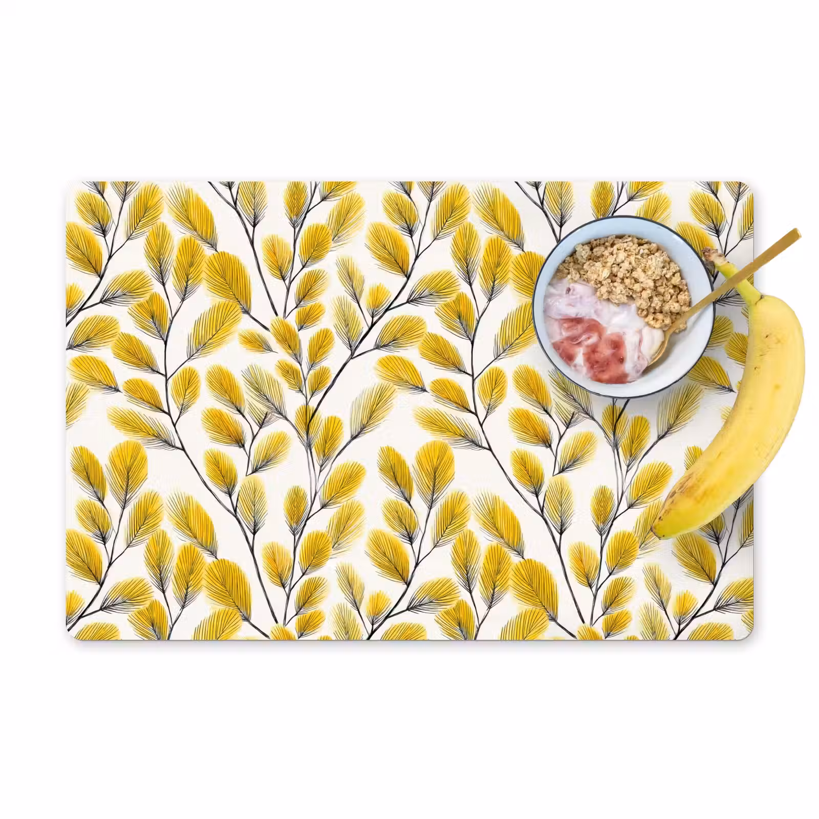 Placemat - 6 stuks - Bladeren - Botanisch - Elegant - Geel - Zwart — 1