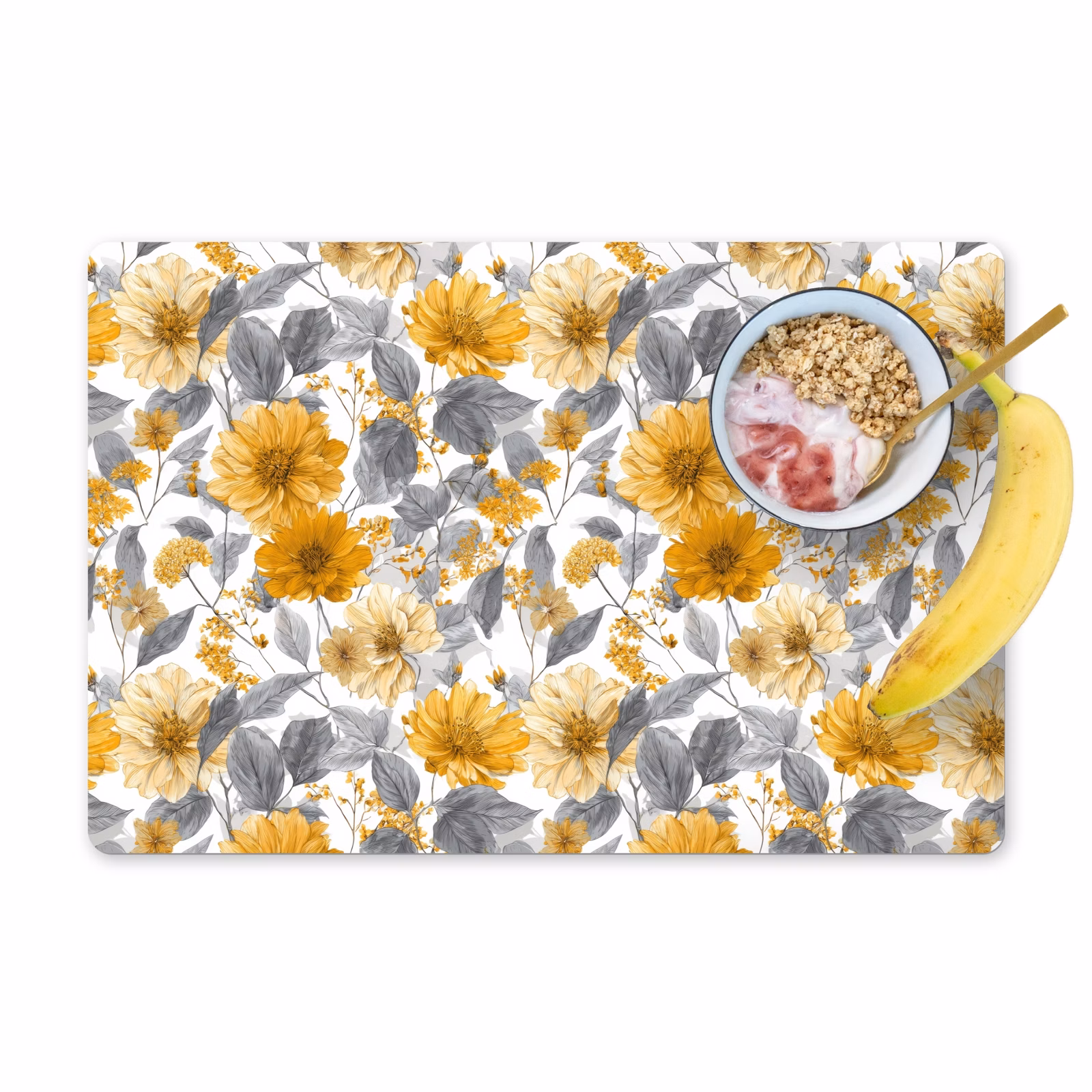 Placemat - 6 stuks - Bloemen - Botanisch - Elegant - Okergeel - Grijs — 1