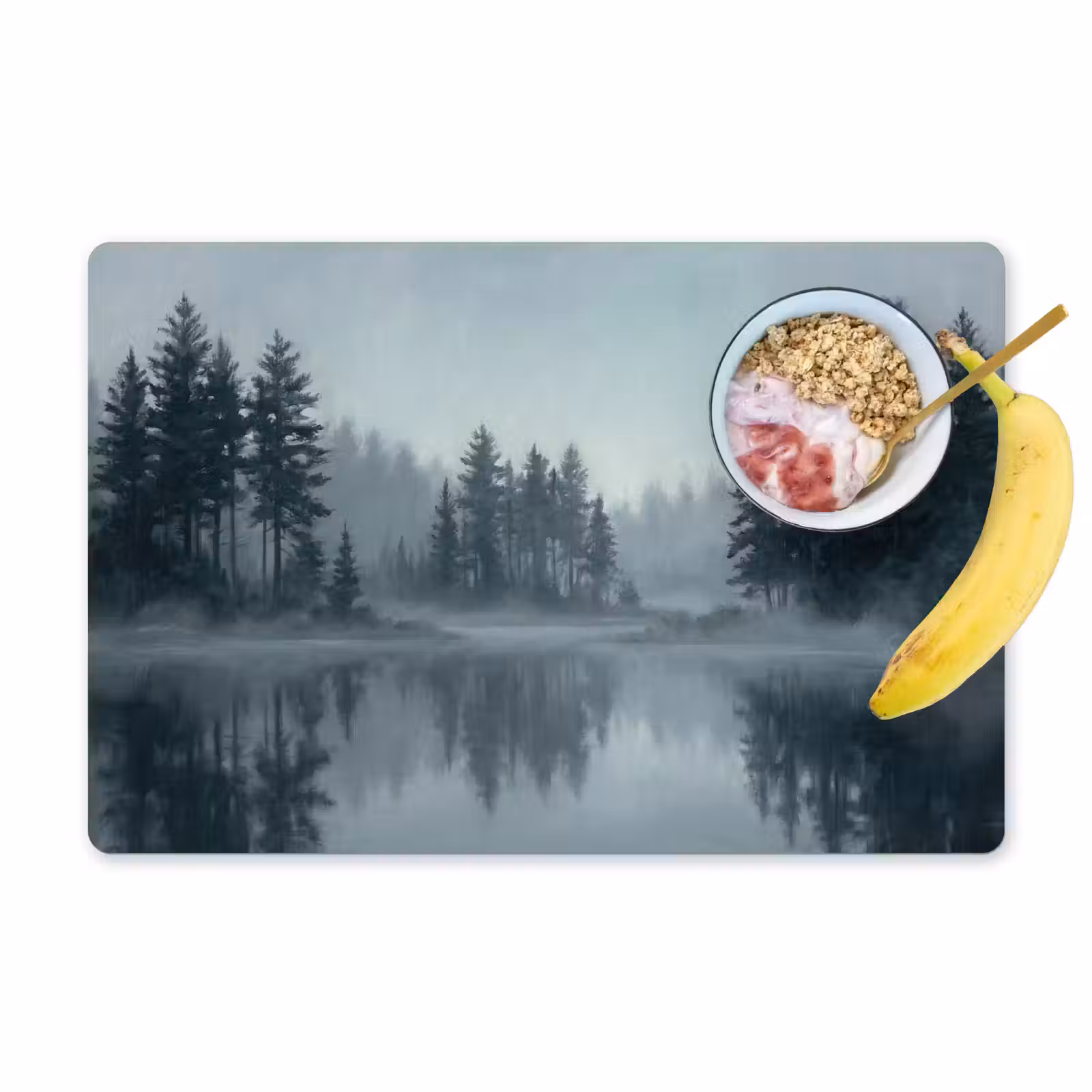 Placemat - 6 stuks - Bos - Meer - Mist - Natuur - Grijs — 1