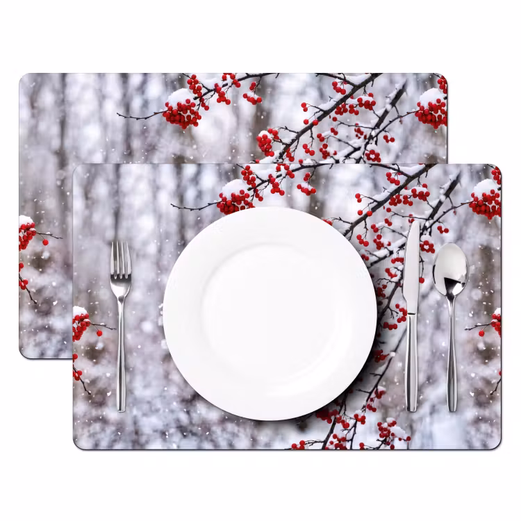Placemat - 6 stuks - Bessen - Takken - Sneeuw - Winter - Kleurrijk — 2