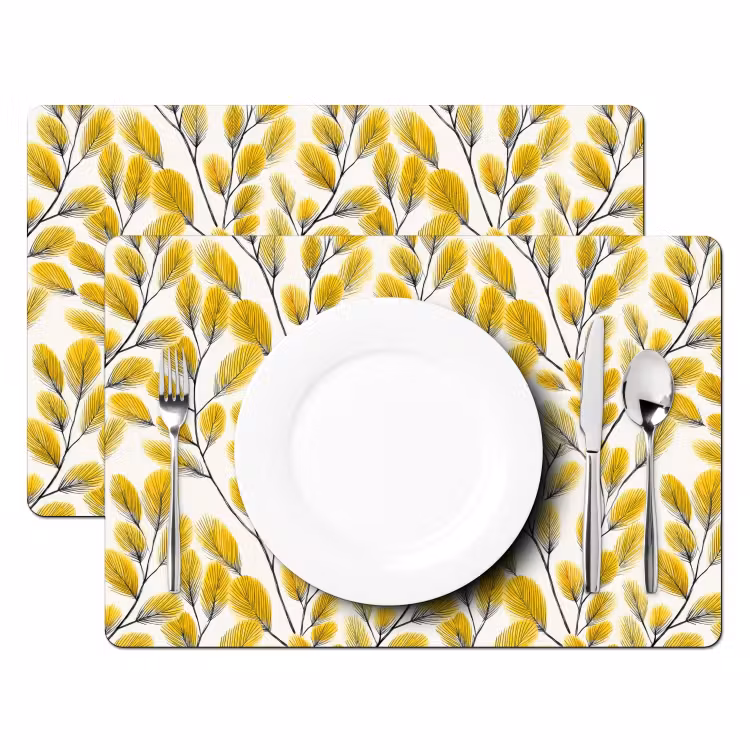 Placemat - 6 stuks - Bladeren - Botanisch - Elegant - Geel - Zwart — 2