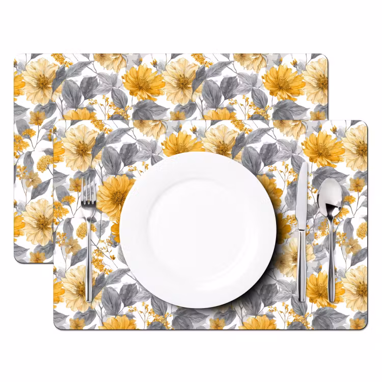 Placemat - 6 stuks - Bloemen - Botanisch - Elegant - Okergeel - Grijs — 2