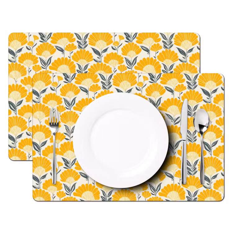 Placemat - 6 stuks - Bloemen - Retro - Botanisch - Okergeel - Grijs — 2