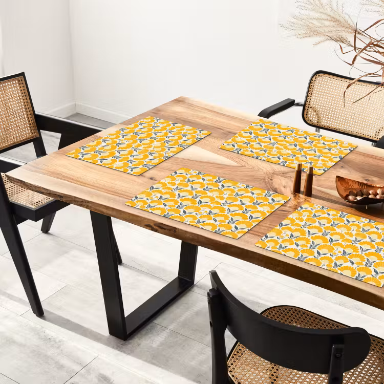 Placemat - 6 stuks - Bloemen - Retro - Botanisch - Okergeel - Grijs — 5