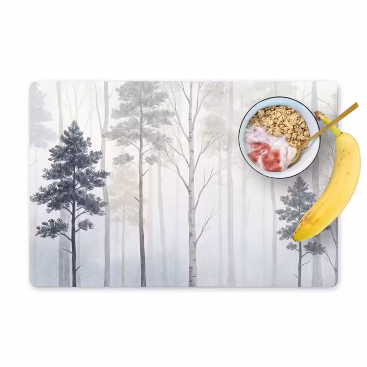 Placemat - 6 stuks - Bos - Bomen - Mist - Natuur - Illustratie - Grijs — 1