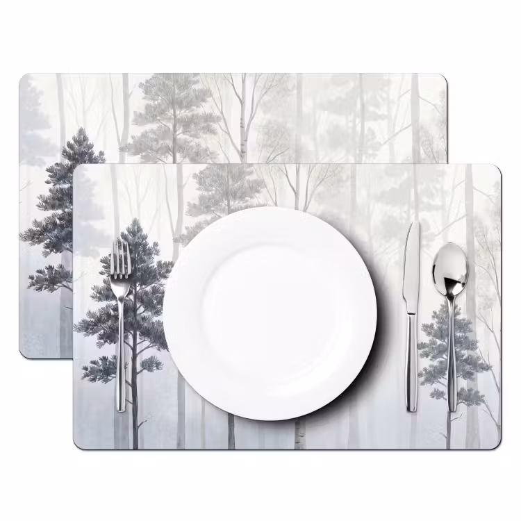 Placemat - 6 stuks - Bos - Bomen - Mist - Natuur - Illustratie - Grijs — 2