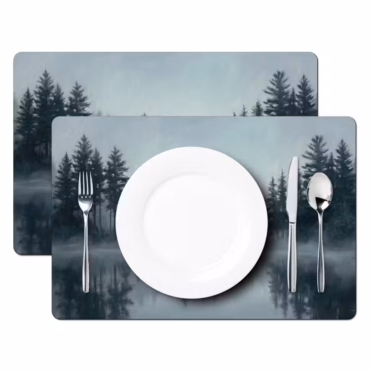 Placemat - 6 stuks - Bos - Meer - Mist - Natuur - Grijs — 2
