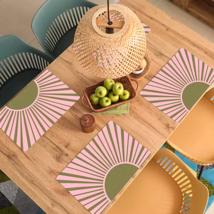 Placemat - 6 stuks - Abstract - Stralen - Grafisch - Roze - Groen — 6