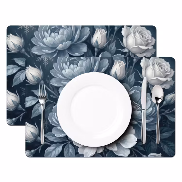 Placemat - 6 stuks - Bloemen - Boeket - Winter - Abstract - Blauw — 2