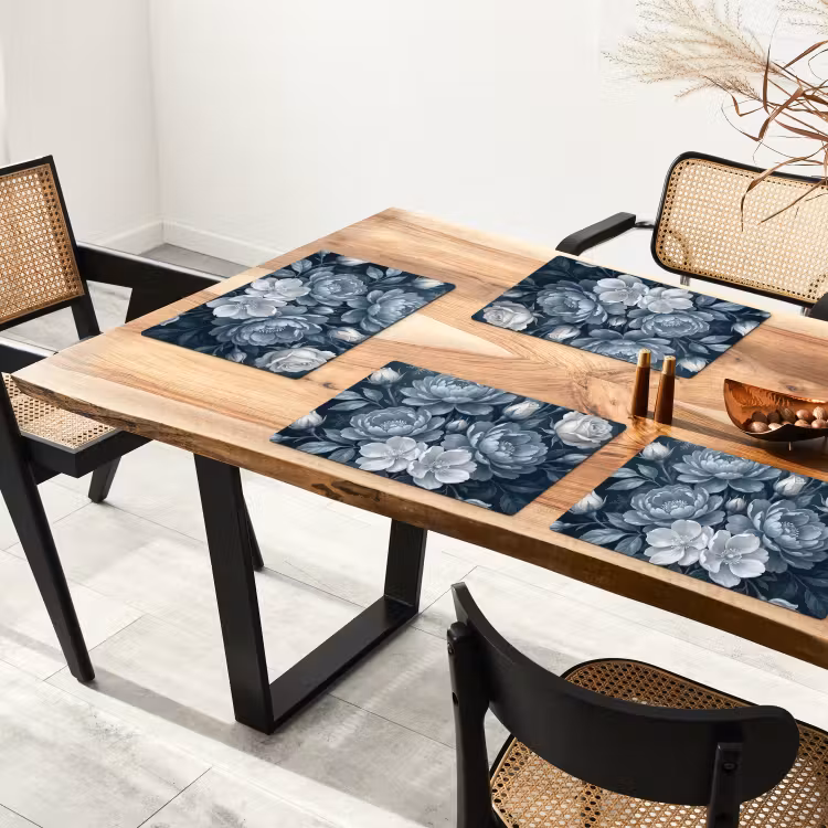 Placemat - 6 stuks - Bloemen - Boeket - Winter - Abstract - Blauw — 5