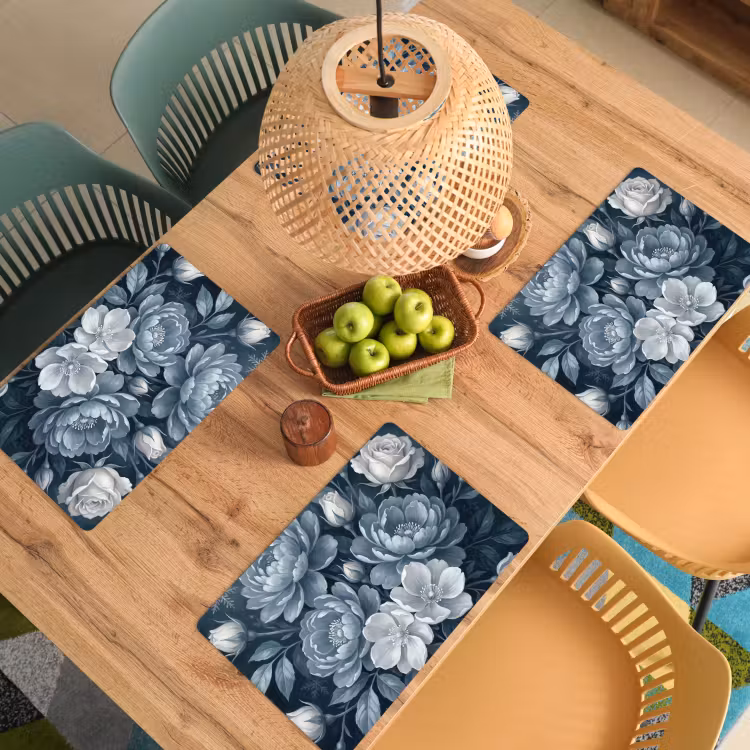 Placemat - 6 stuks - Bloemen - Boeket - Winter - Abstract - Blauw — 6
