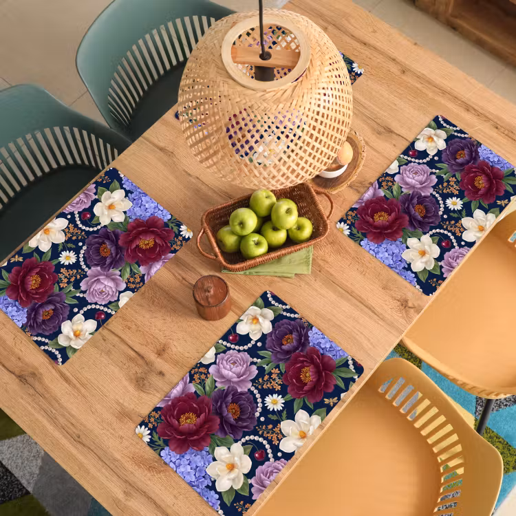 Placemat - 6 stuks - Bloemen - Parels - Decoratie - Modern - Blauw — 6