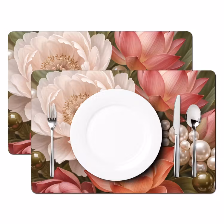Placemat - 6 stuks - Bloemen - Parels - Elegant - Roze - Wit — 2