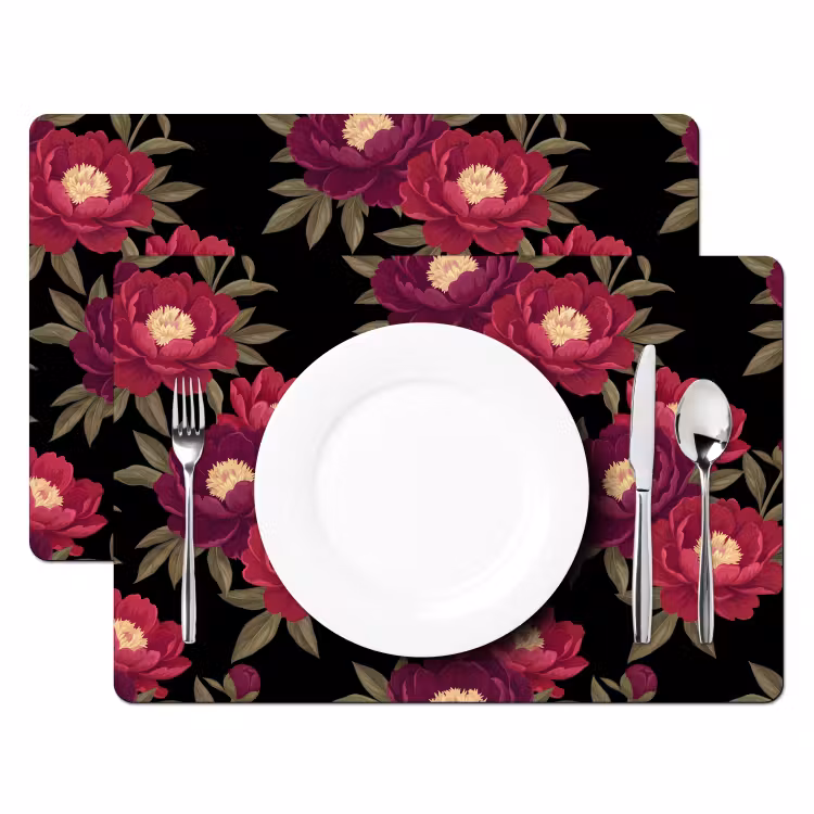 Placemat - 6 stuks - Bloemen - Patroon - Botanisch - Rood - Zwart — 2