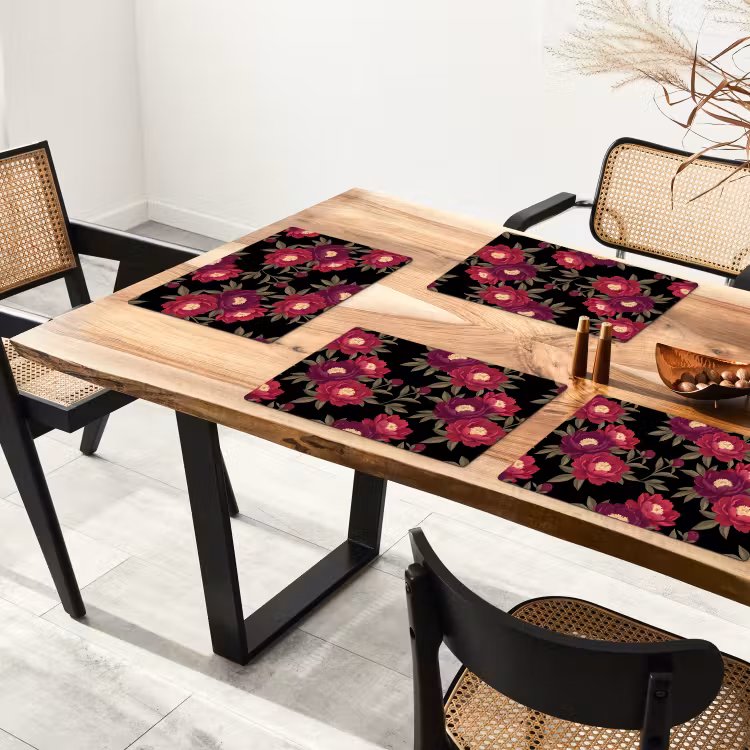 Placemat - 6 stuks - Bloemen - Patroon - Botanisch - Rood - Zwart — 5