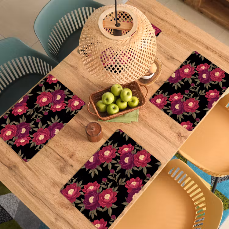 Placemat - 6 stuks - Bloemen - Patroon - Botanisch - Rood - Zwart — 6