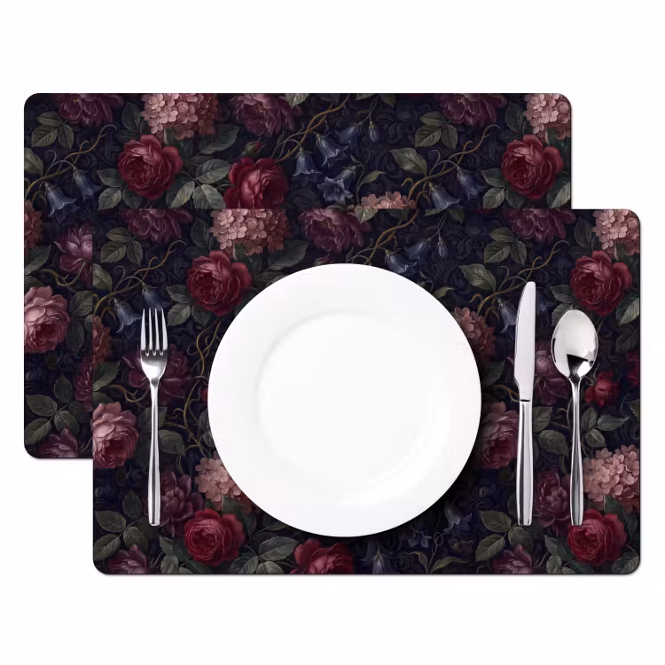 Placemat - 6 stuks - Bloemen - Rood - Klassiek - Donker - Patroon — 2