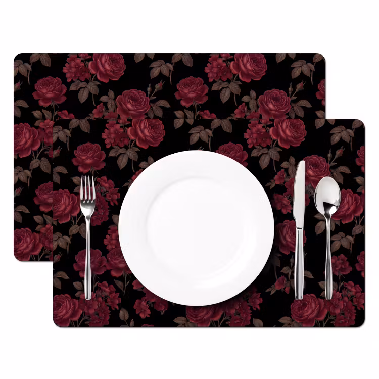Placemat - 6 stuks - Bloemen - Roos - Patroon - Klassiek - Rood — 2