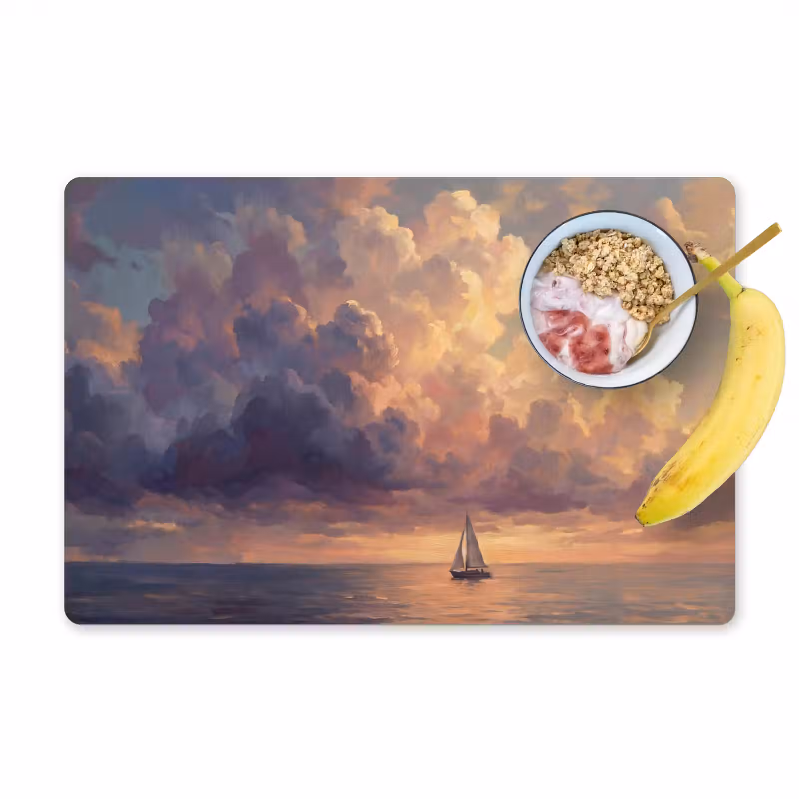 Placemat - 6 stuks - Boot - Zonsondergang - Zee - Natuur - Goud — 1