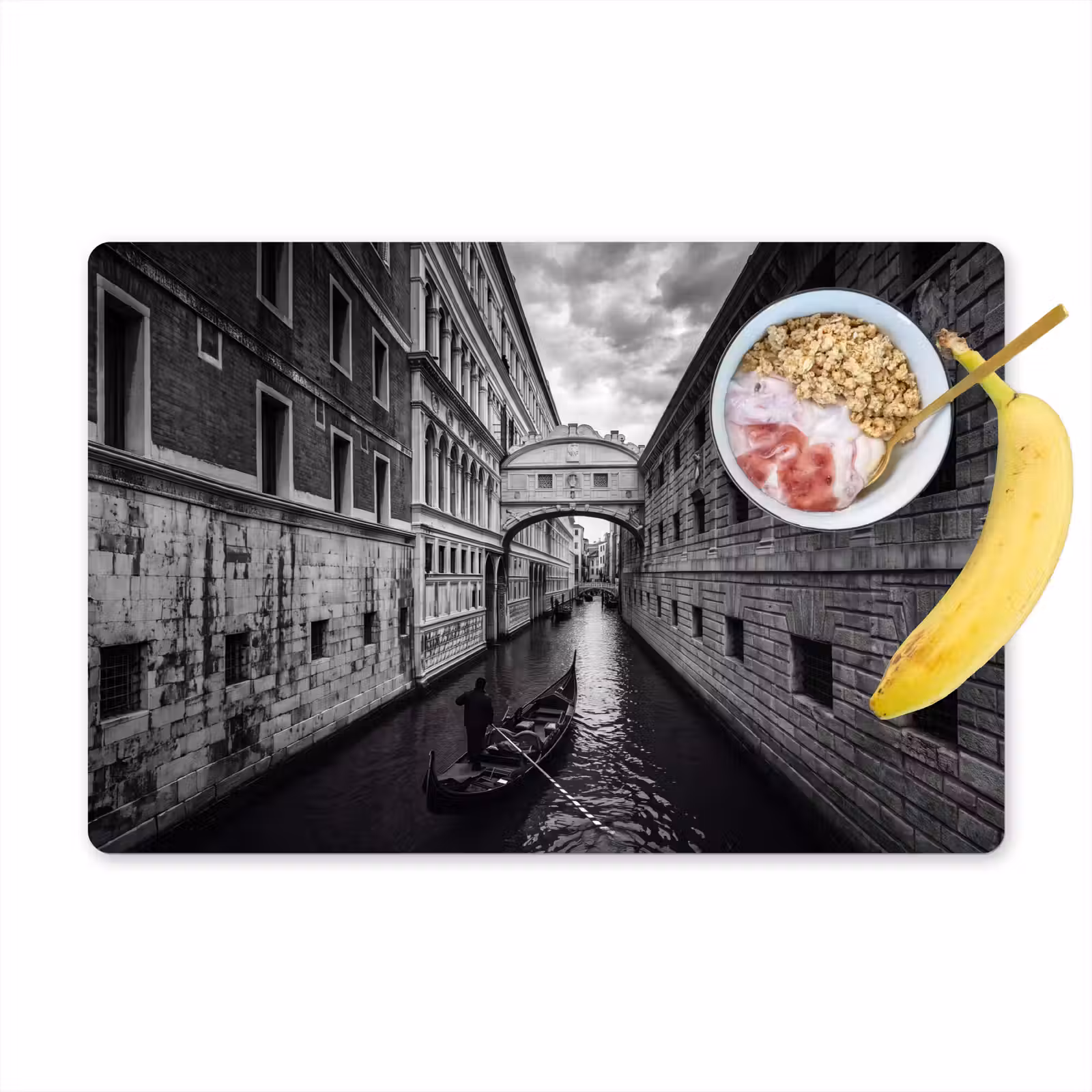 Placemat - 6 stuks - Boot - Waterweg - Stad - Zwart-wit - Architectuur — 1