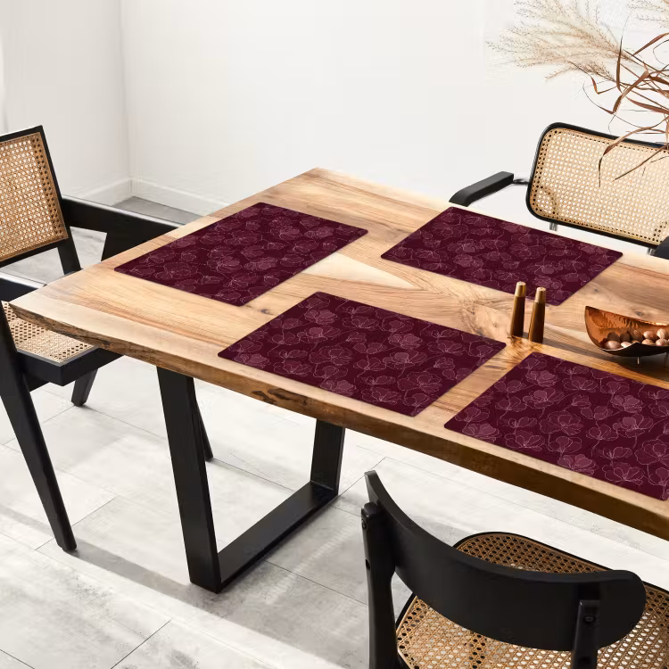 Placemat - 6 stuks - Bloemen - Patroon - Bordeauxrood — 5